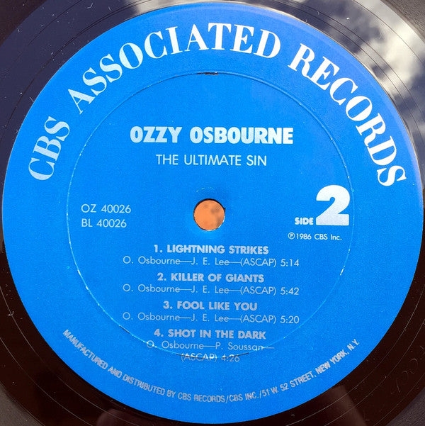 Ozzy Osbourne : The Ultimate Sin (LP, Album, Pit)