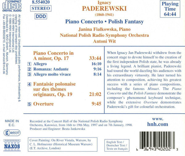 Ignacy Jan Paderewski - Janina Fialkowska, Wielka Orkiestra Symfoniczna Polskiego Radia W Katowicach, Antoni Wit : Piano Concerto / Polish Fantasy / Overture (CD, Album)