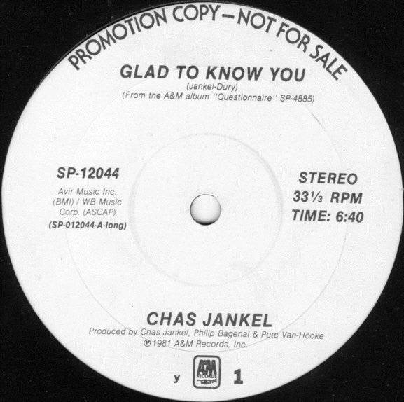 Chas Jankel : Glad To Know You / 3,000,000 Synths (12", Promo)