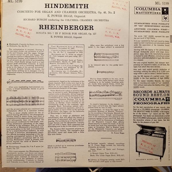 Paul Hindemith / Josef Rheinberger - Richard Burgin Conducting The Columbia Chamber Orchestra, E. Power Biggs : Concerto For Organ And Chamber Orchestra, Op.46, No. 2 / Sonata No. 7 In F Minor For Organ Op.127 (LP, Album, Mono, Promo)